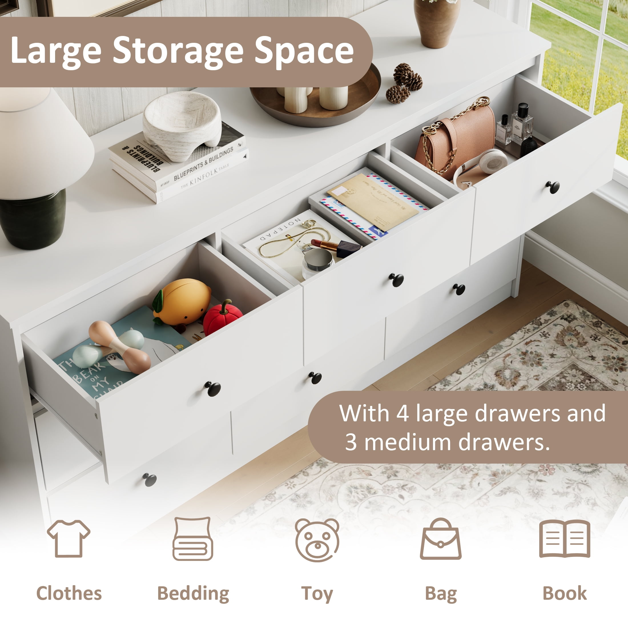 YouTrend 9 Drawer Dresser for Bedroom, White Wood Adult Dresser Cabinet with Metal Handles for Living Room, Hallway