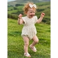 thumbnail image 3 of BemeyourBBs Newborn Baby Girl Summer Clothes Smocked Bubble Romper Cotton Linen Outfits Cherry Floral Print Crew Neck Flying Sleeve Bodysuit and Bow Headband 2 Pcs Set, 3 of 9