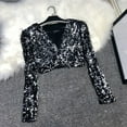 thumbnail image 2 of SnZhen Women's Sequin Coat Fashionable Solid Color Slim Fit Long Sleeve Short Jacket for Party & Evening Black L, 2 of 5
