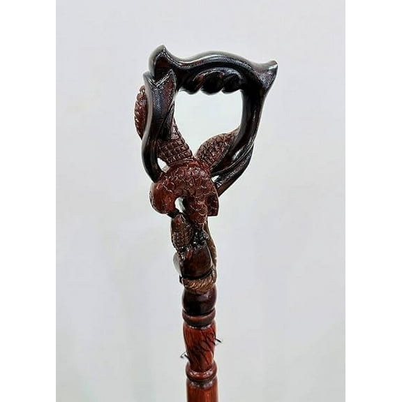 Vintage Winged Snake Gazelle Walking Stick Cane Handmade Wood Carved Wood Crafted Walking Cane Wooden Walking Stick Fantasy Paradise Bird Hand Carved Comfortable Stick