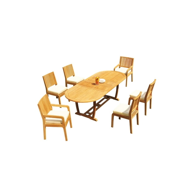 Grade-A Teak Dining Set: 6 Seater 7 Pc: 94" Mas Oval Trestle Leg Table And 6 Maldives Chairs (2 Arm & 4 Armless Chairs) WholesaleTeak #51ML2307