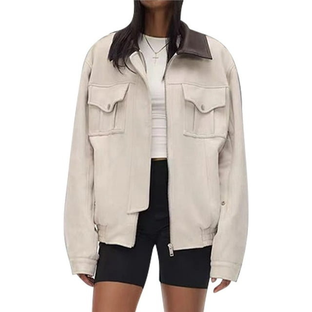 Abrigo de Invierno Corto Informal de Ante Sintético para Mujer, con Cremallera, Cuello en Contraste y Forro , con Bolsillos S
