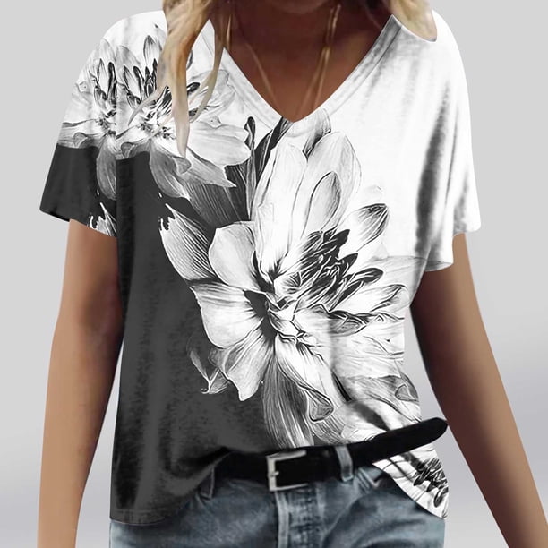Fiudx Ofertas Flash Del Día Moda Mujer Casual Cuello En V Blusa Sólida Manga Corta Camiseta Verano Tops