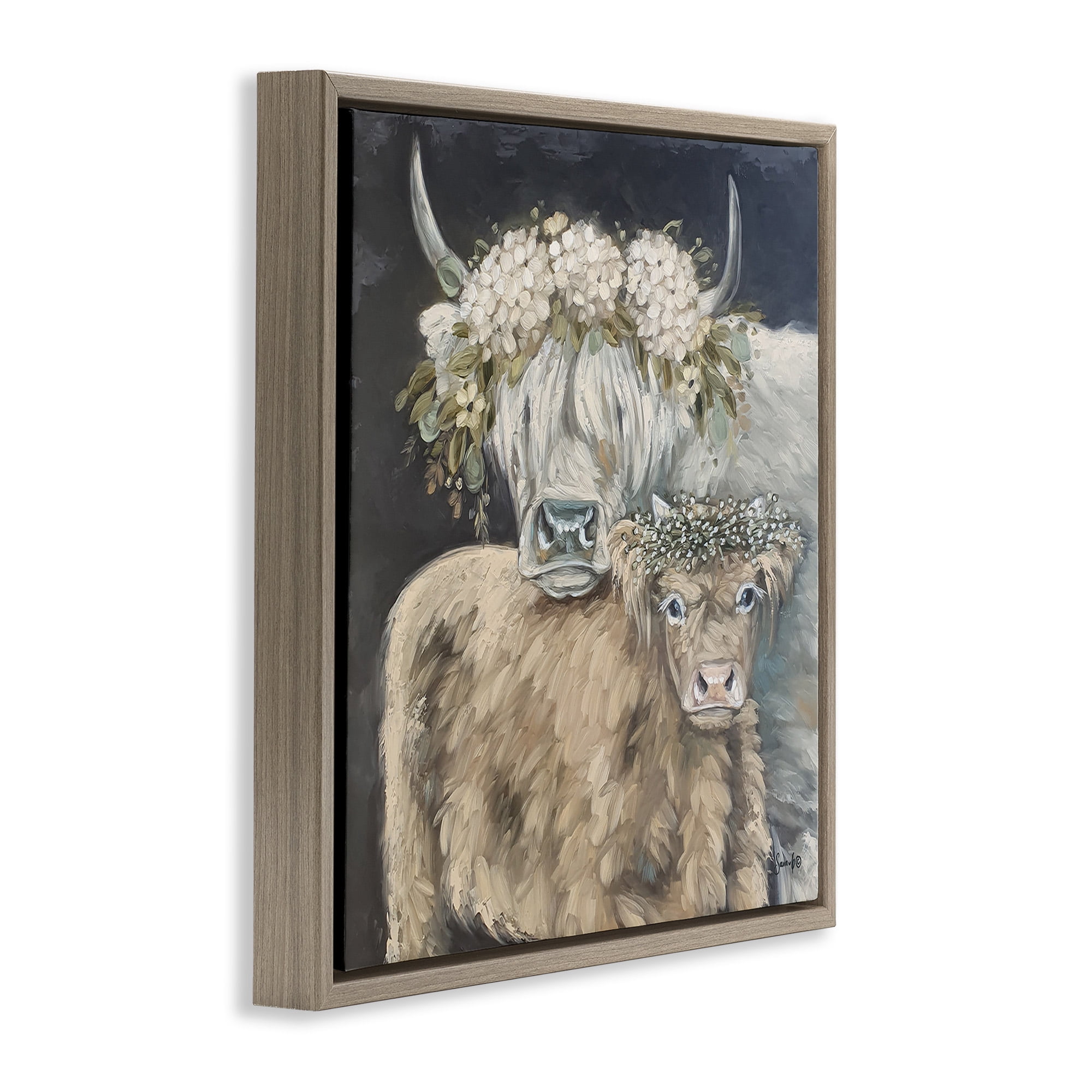 Stupell Industries Highland Cattle with Flower Garlands Animals & Insects Painting Brown Floater Framed Canvas Art Print Wall Art, 18 x 18