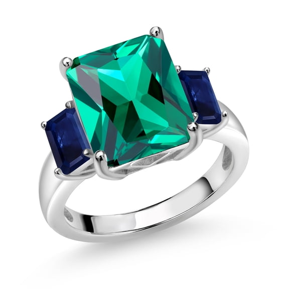 Gem Stone King 6.71 Ct Emerald Cut Green Nano Emerald Blue Sapphire 925 Sterling Silver 3-Stone Ring (Size 8)