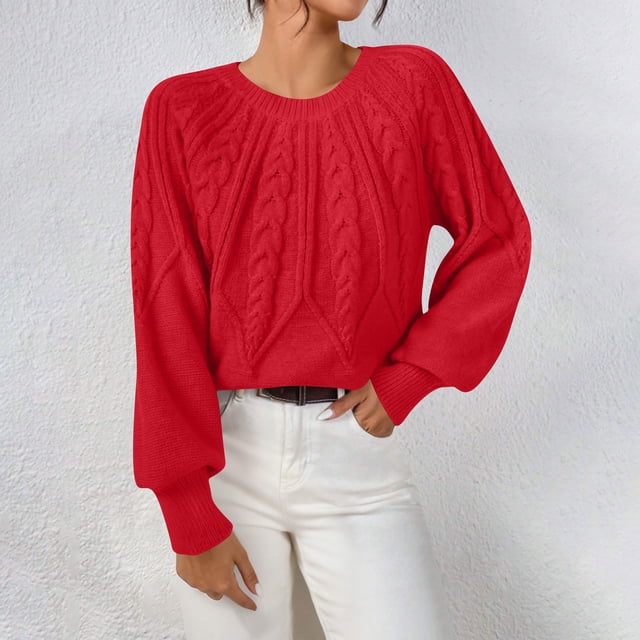 Chandails en Tricot Torsadé pour Femmes Col Rond Manches Longues Chandail Tricoté Épais Hauts Mode Chandail d'Automne P