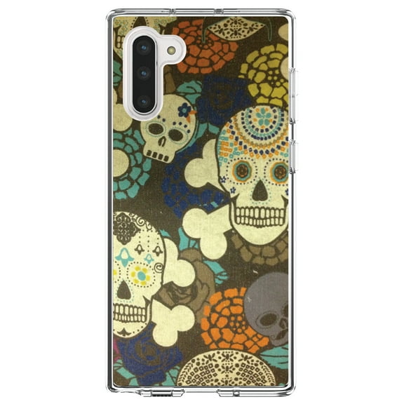 DistinctInk Clear Shockproof Hybrid Case for Samsung Galaxy Note 10 (6.3" Screen) - TPU Bumper, Acrylic Back, Tempered Glass Screen Protector - Sugar Skulls Green Orange