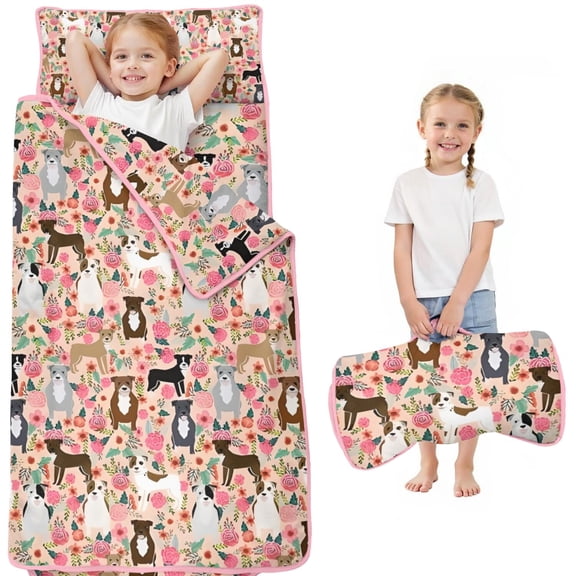Boston Terrier Dogs with Pioneer Flower Toddler Nap Mats for Kids Preschool,Sleeping Mat Bag or Kids,Toddler Sleeping Bag,Toddler Nap Mat or Daycare