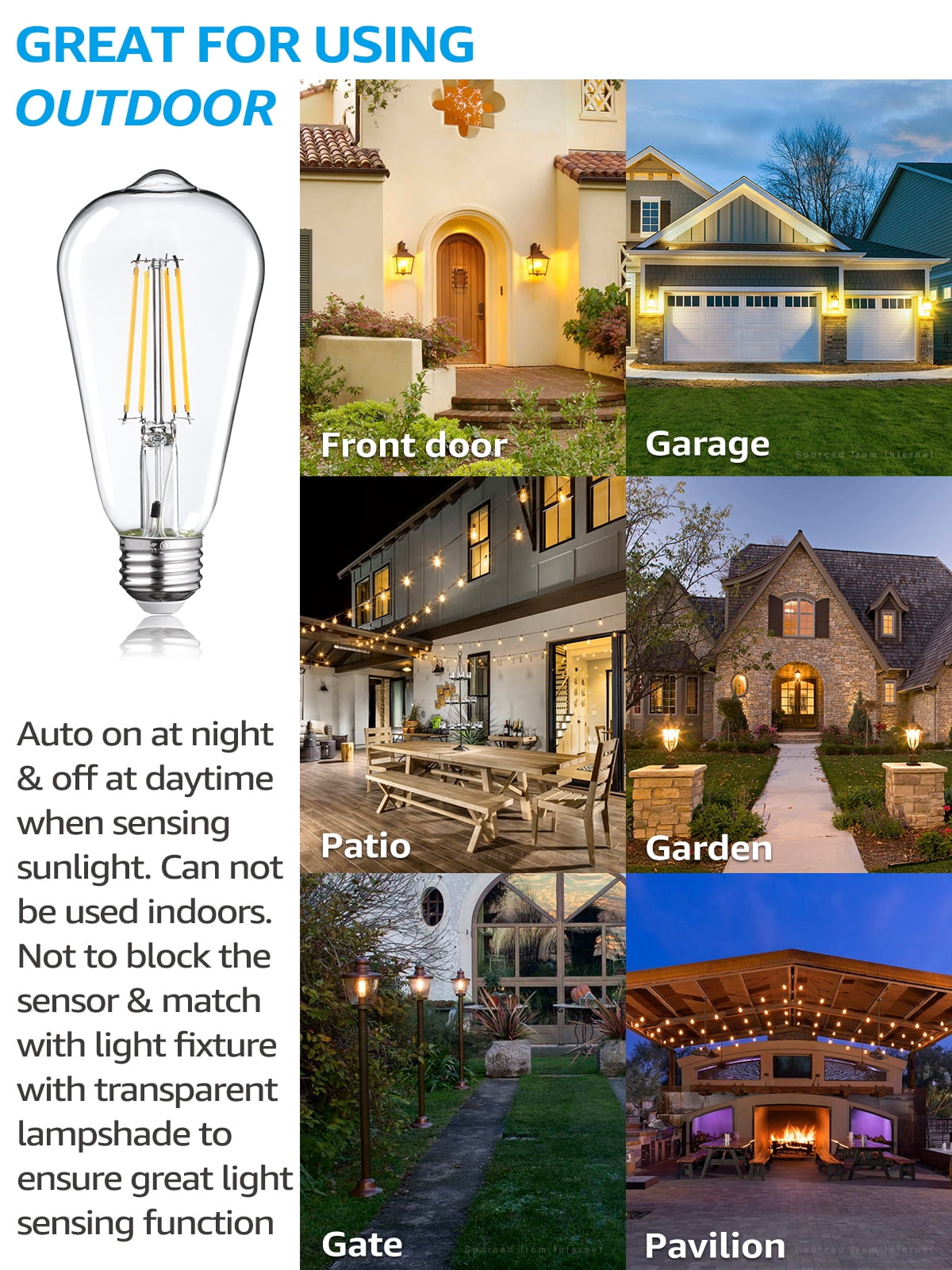12 Pack Dusk to Dawn ST19 LED Vintage Edison Filament Bulb, 7W=75W, 2700K Soft White, E26 Base, ST64 Outdoor LED Bulb, Auto On/Off Lights
