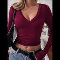thumbnail image 4 of Camisas de Larga para Mujer, Moda de Otoño, Cuello en V, Básicas, Tops Cortos, Entallados, Y2K, Conjuntos, Ropa. Vino Tinto M, 4 of 8