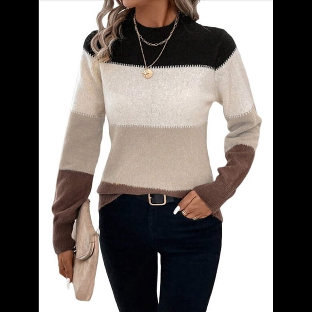 Suéteres de Bloque de Color para Mujer, Blusas de Larga con Cuello Alto, Suéter de Punto Holgado. Caqui L