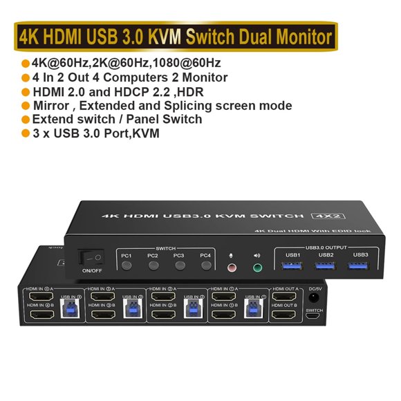4 Port USB 3.0 KVM Switch 4X2 Dual Monitor 4K@60Hz Extended Display DP KVM Switch 4 In 2 Out For 4 PC Share Keyboard Mouse