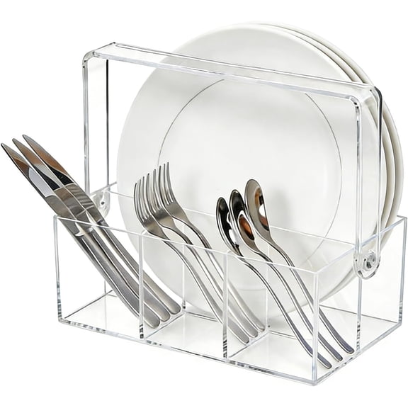 Acrylic Silverware Organizer, Utensil Holder-Heavy-Duty Countertop, Cutlery and Flatware for Spoons, Forks, Knives, Napkins, Plates, Buffet, Picnic Party