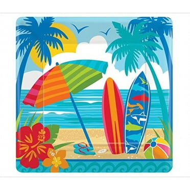 Amscan Summer Sun And Surf Square Paper Plates, 10" x 10", Multicolor, 18 Plates Per Pack,