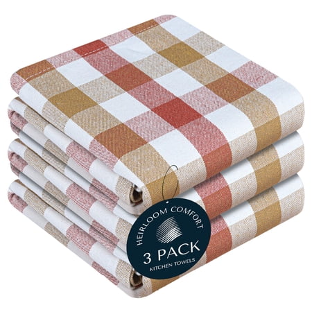 HEIRLOOM COMFORT Gingham Check Kitchen Towels 3 Pack 18 x26 100% Cotton Super Absorbent & Quick Dry Durable Dish Towel for Drying Dishes Machine Washable Everyday Use - Rust Khaki Natural