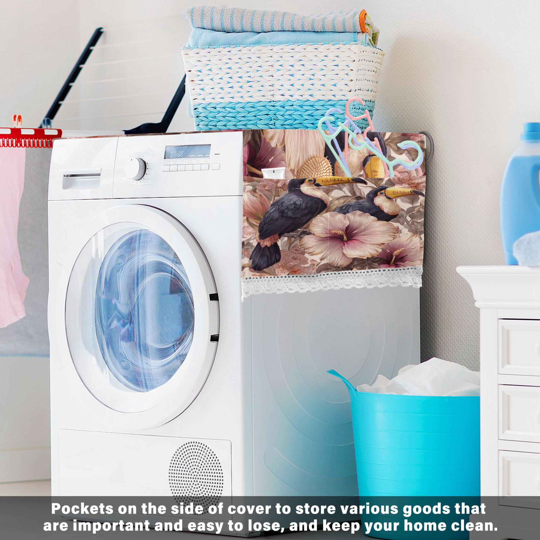 Wobogo Pink Flower Toucan Washing Machine Cover Dustproof Washer Dryer Cover Waterproof Laundry Room Decorative Protector