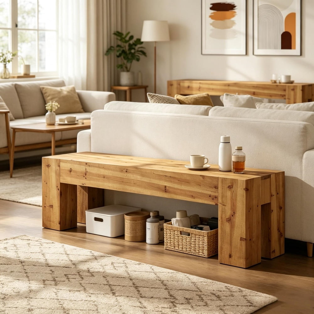 63" Solid Wood Bench, Farmhouse Entryway Bench, Multi-Purpose Shoe Bench, TV Stand & Extra Seating for Living Room Bedroom