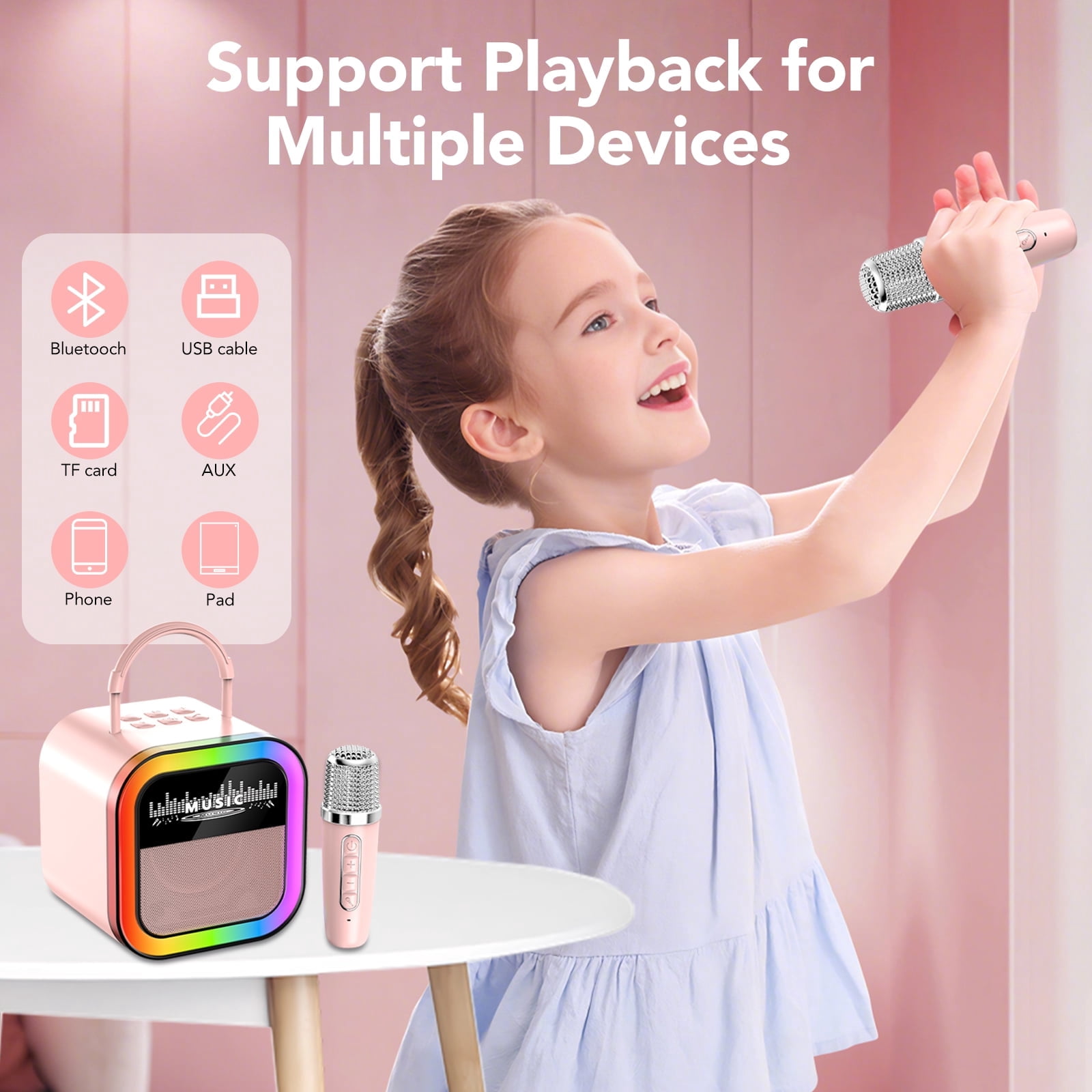 Mini Karaoke Machine for Kids Adults, Portable Bluetooth Speaker with 2 Wireless Microphones, Birthday Gifts for Ages 3-12 Year Old, Voice Changer, Portable Karaoke Machine for Family Party