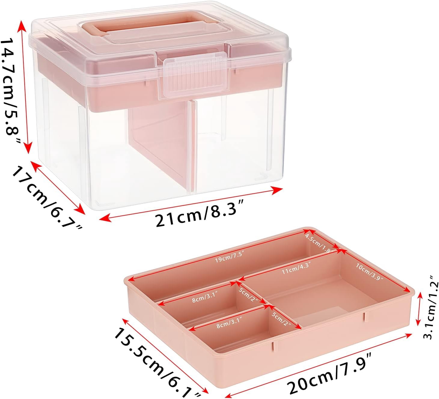 ABPETE 2 Layer Clear Plastic Dividing Storage Box with Removable Tray Multipurpose Stationery Storage Box with Handle Portable Sewing Box Art Craft Supply Organizer Home Utility Box (Small Pink)