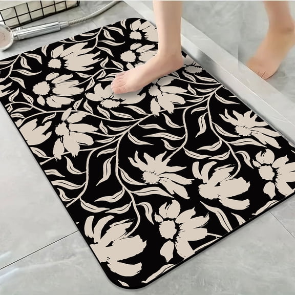 1pc Black Cream Floral Bathroom Rug Bathroom Decor and Accessories- Durable,Anti Slip,And Quick Drying,Suitable For Indoor/outdoor Use - Perfect For Bathrooms,Bedrooms,Kitchens