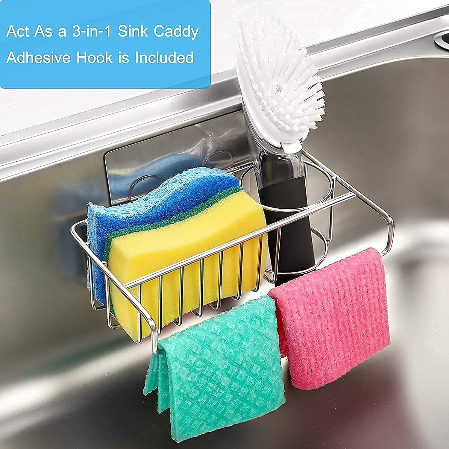 Aozita 3-in-1 Sponge Holder for Kitchen Sink, Movable Brush Holder + Dish Cloth Hanger, Hanging Caddy, Small in Organizer Accessories Rack Basket, 304