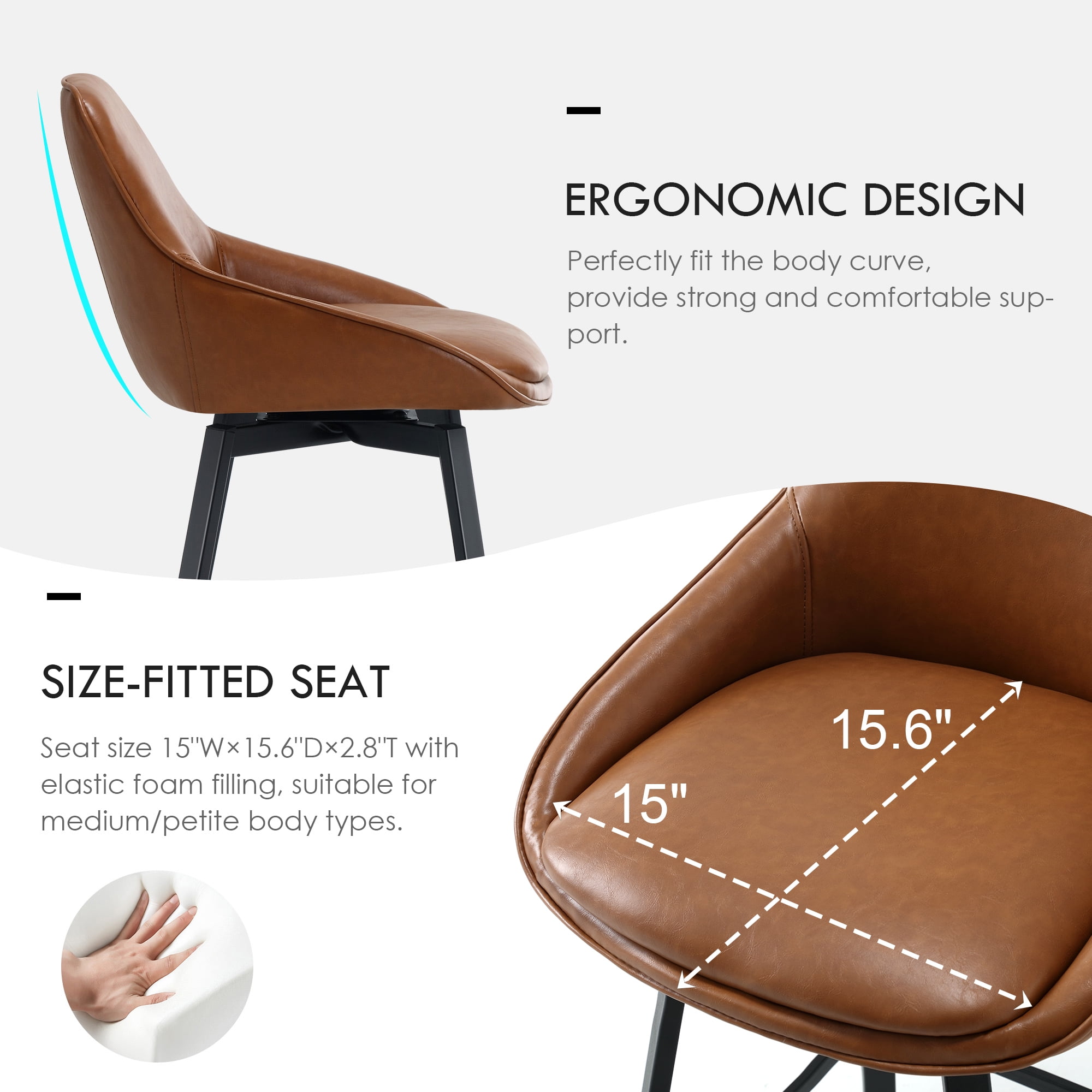 Zesthouse 25.6" Swivel Counter Height Bar Stools Set of 2, Modern Counter Height Chairs with Backs and Metal Legs, Upholstered Faux Leather Barstools for Kitchen Island, Brown