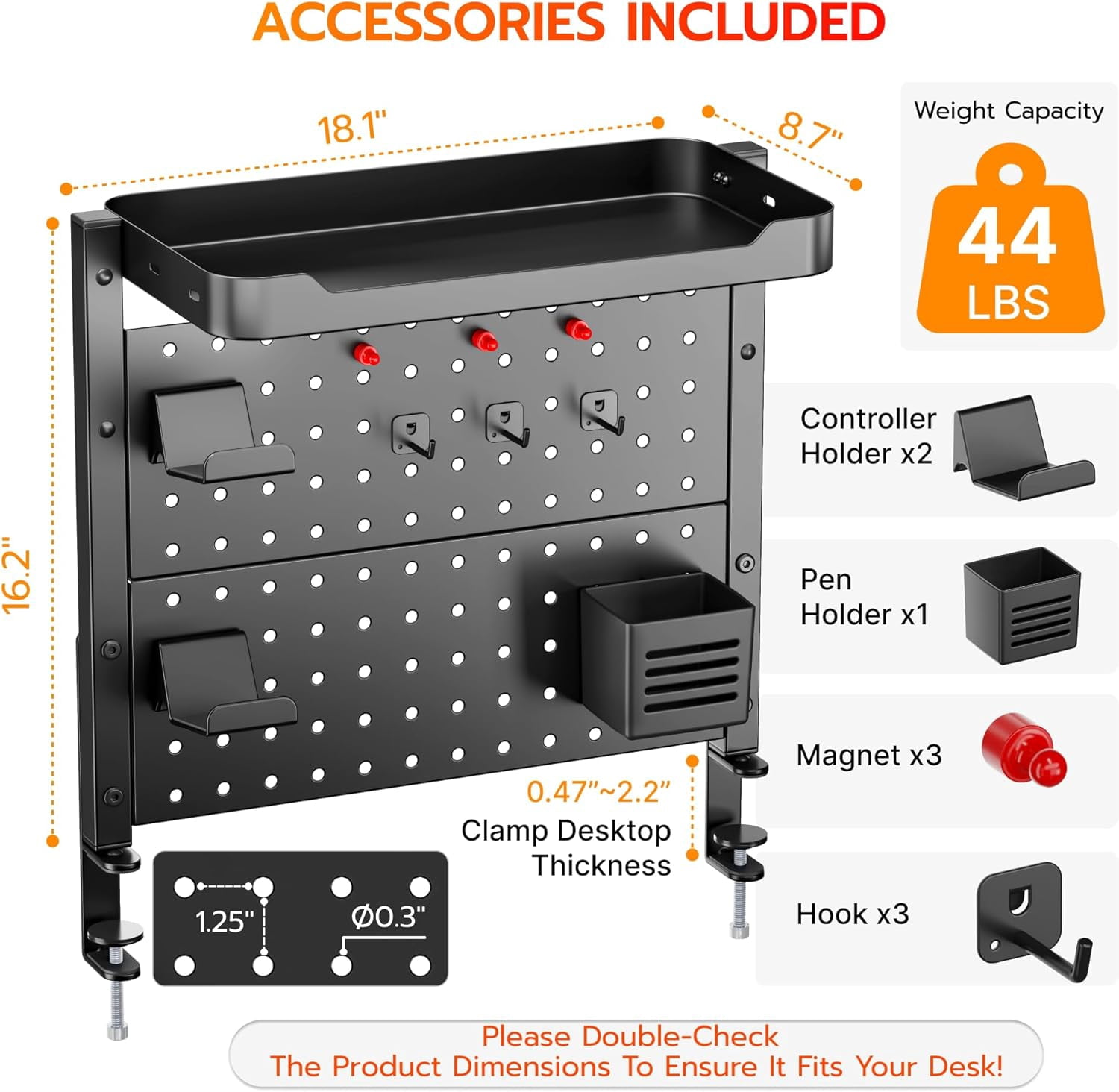 ARES WING Desk Clamp On Pegboard with 16 inches Organizer Shelf, Adjustable Above or Under Desk Storage Shelf Holds 44 lbs Black