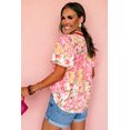 thumbnail image 2 of Women's Pink Floral V Neck Blouse – Southern Belle Contrast Trim Short Sleeve Summer Top, XL, 2 of 12