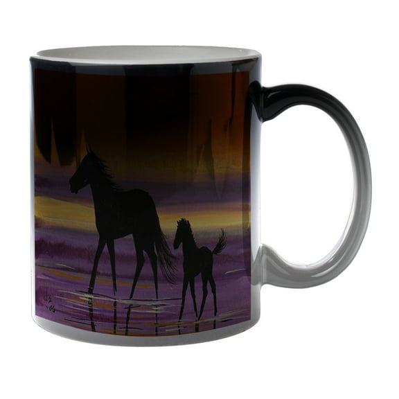 KuzmarK Black Heat Morph Color Changing Coffee Cup Mug 11 Ounce - Beach Ponies at Twilight Horse Art by Denise Every
