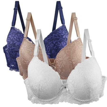 WCMZJ 3Pack Women s Push Up Lace Bra Underwire Plunge Full Coverage Bras Sexy Plus Size Support Everyday Bralettes Multicolor L