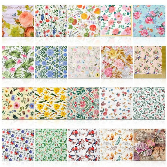 20 Pack Vintage Flower Napkins, Assorted Toile Paper for Collage, Cocktail Party Decor, Gift Wrapping, 6.5 Inch Multicolor Designs