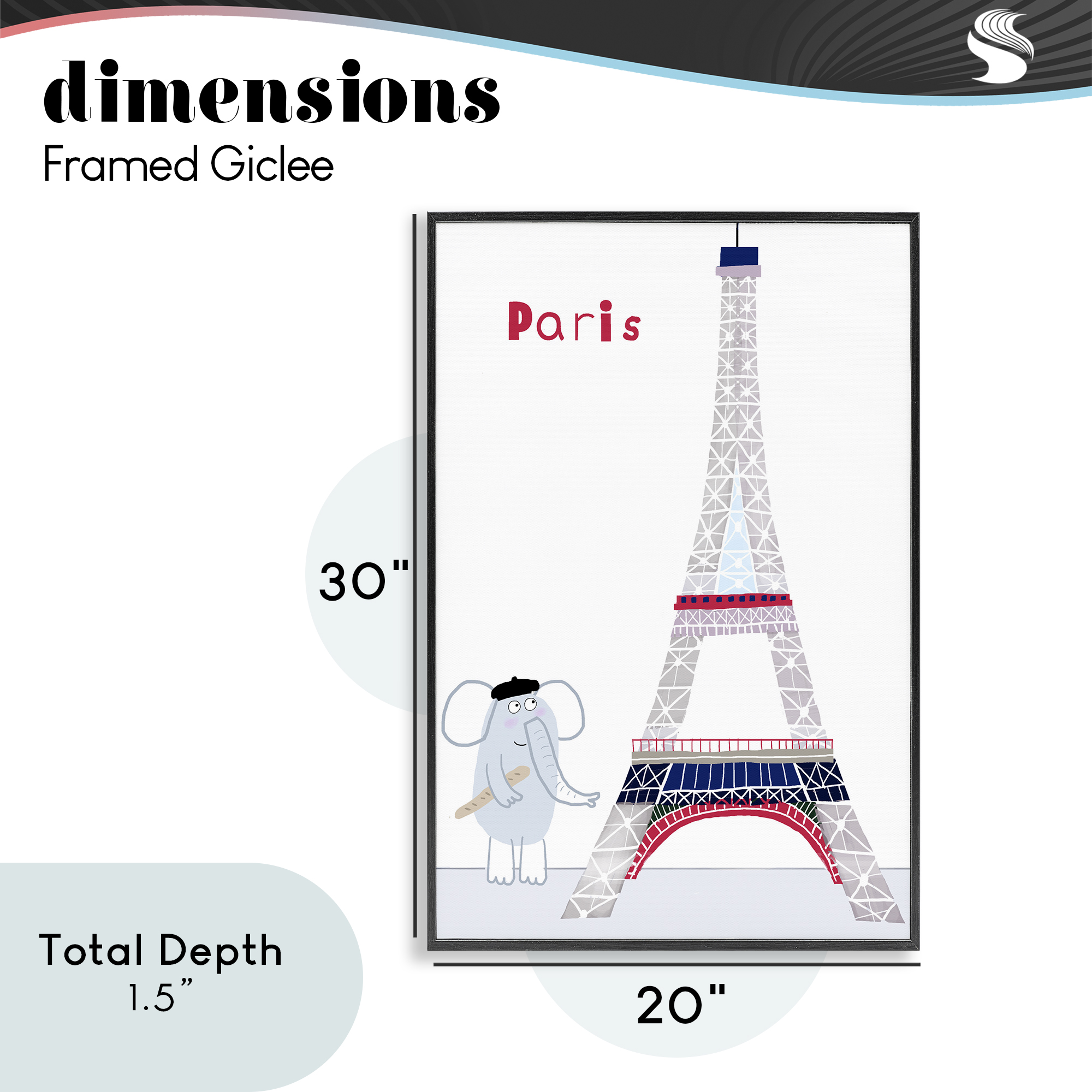 Elephant & Eiffel Tower Black Framed Giclee Art, design by Carla Daly