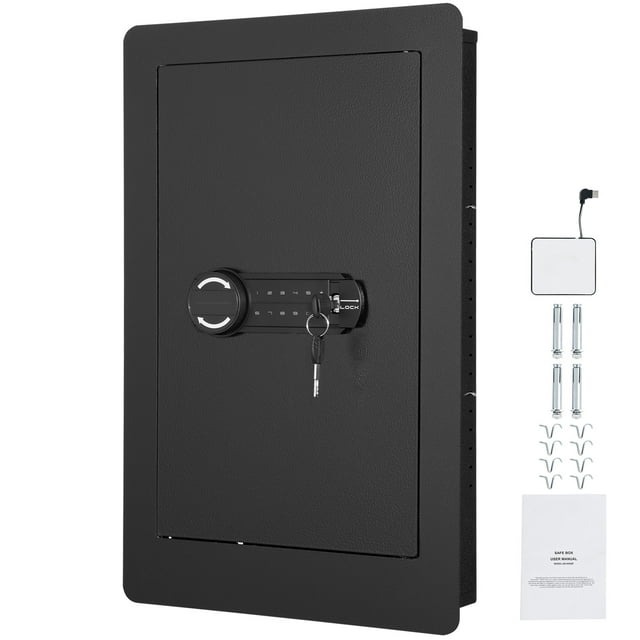 KFFKFF 25.59-inch high concealed wall safe made of durable Q235 steel, featuring keypad access, tamper-resistant design, dual alarm system, 3 adjustable shelves, 6 hooks, LED lighting, and an alert system. Includes external power box, expansion bolts, and instruction manual for secure wall mounting.
