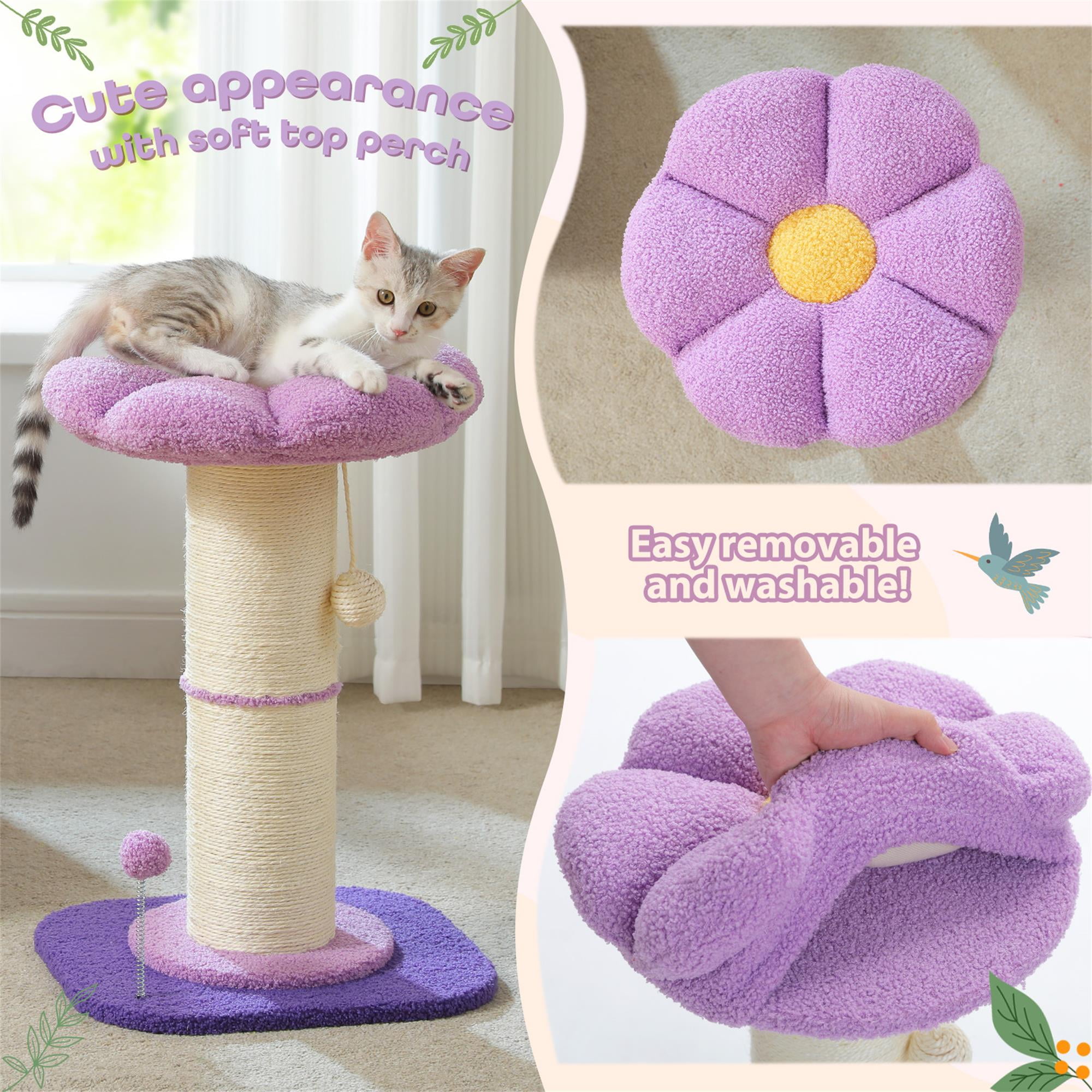 resenkos 23" Flower Cat Scratching Post for Indoor Cats, Small Cat Tree Tower with Perches and Spring Ball for Adult Cats, Purple