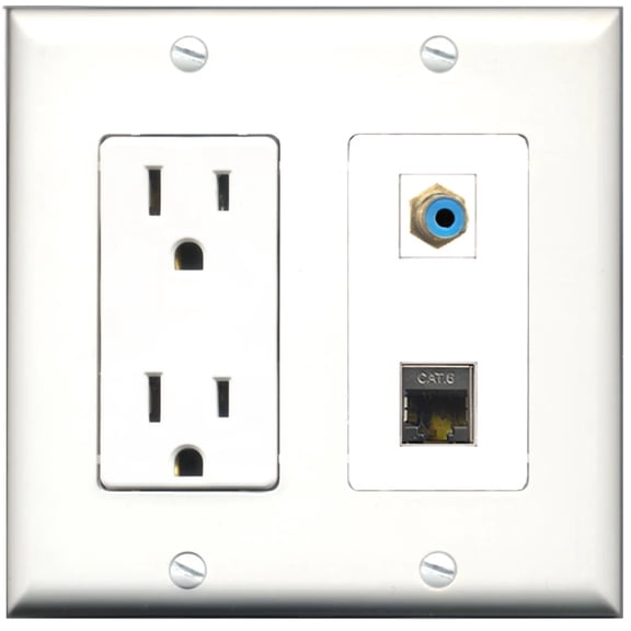Ultra Spec Cables 15 Amp Power Outlet 1 Port RCA Blue 1 Port Shielded Cat6 Wall Plate