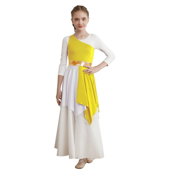 Lejafay Kids Girls Asymmetrical Praise Church Dance Dress Lyrical Dancewear Color Block Liturgical Worship Dress Yellow 6