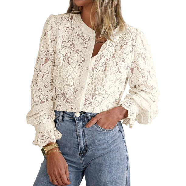 Blusa de Encaje para Mujer PRETTYGARDEN Manga Larga con Botones Beige Talla L