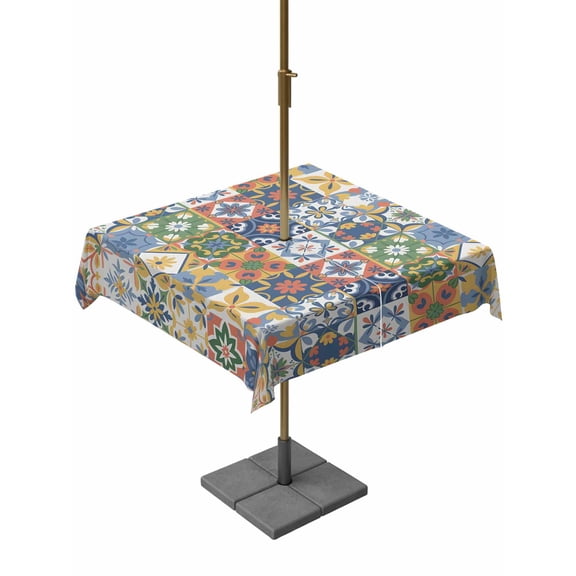 Square Outdoor Tablecloth with Umbrella Hole Vintage Mediterranean Outside Table Cloth Waterproof Patio Table Cover Blue and Yellow Tiles Texture Zipper Tablecloths for Picnic Camping 54x54 Inch