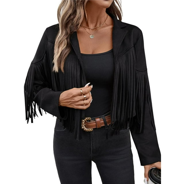 Chaquetas de Mujer de Piel Sintética de Ante con Flecos y Forro. Abrigos Cortos con Flecos. Imprescindibles de de Otoño. Negro S