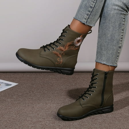 

Women‘s Floral Print Ankle Boots Flat Lace Up & Zipper Combat Boots Solid Color Round Toe Shoes