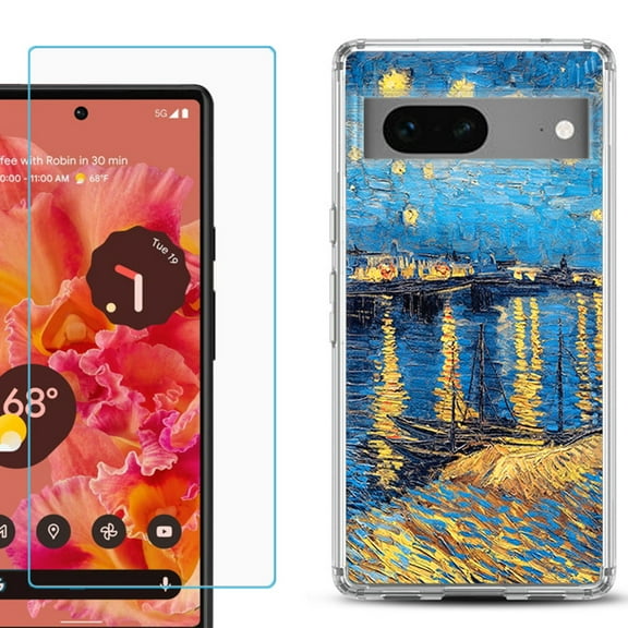 Slim-Fit Gel TPU Phone Case for Google Pixel 7, with Tempered Glass Screen Protector, by OneToughShield ® - Starry Night Rhone