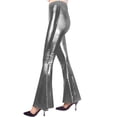 thumbnail image 4 of Scyoekwg Women's Leggings Solid Color Comfy Loose Casual Ladies Sweatpants High Waist Shiny Leather Flared Pants Trousers Silver,S, 4 of 7