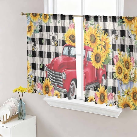 Spring Sunflowers Semi Sheer Curtains 45 Inch Length 2 Panels Set Car Farm Plaid Country Retro Art Sheer Kitchen Curtain Privacy Voile Window Curtain for Living Room Bedroom Rod Pocket Drapes