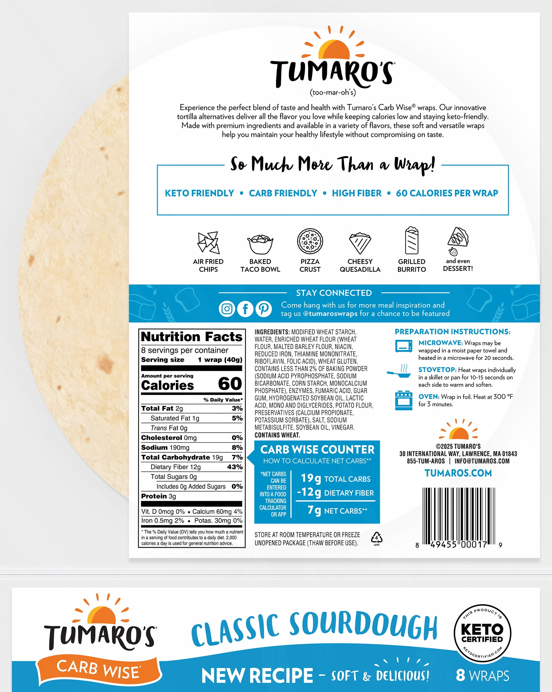 Tumaro's Classic Sourdough Carb Wise Wraps, 6 pack, 48 count