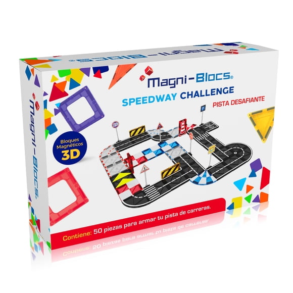Magni-Blocs Speedway Challenge Bloques Magnéticos de Construcción 50Piezas con Placas de Carretera y 2Autos Juguete Educativo Creativo para NiñosyNiñas desde 3Años Compatible con Otros Sets Magnéticos