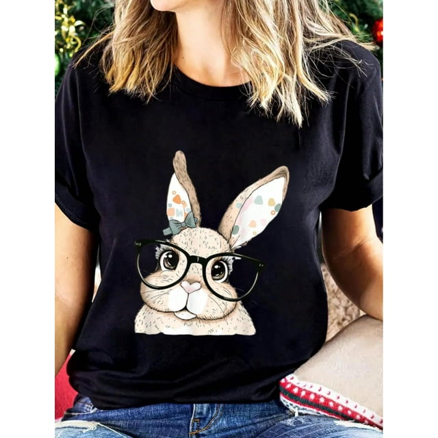 Bonita camiseta de conejo de Pascua para mujer, divertida camiseta de algodón con estampado de Pascua para verano, suave camiseta de manga corta para mujer, elegante y cómoda, camisetas gráficas, cami