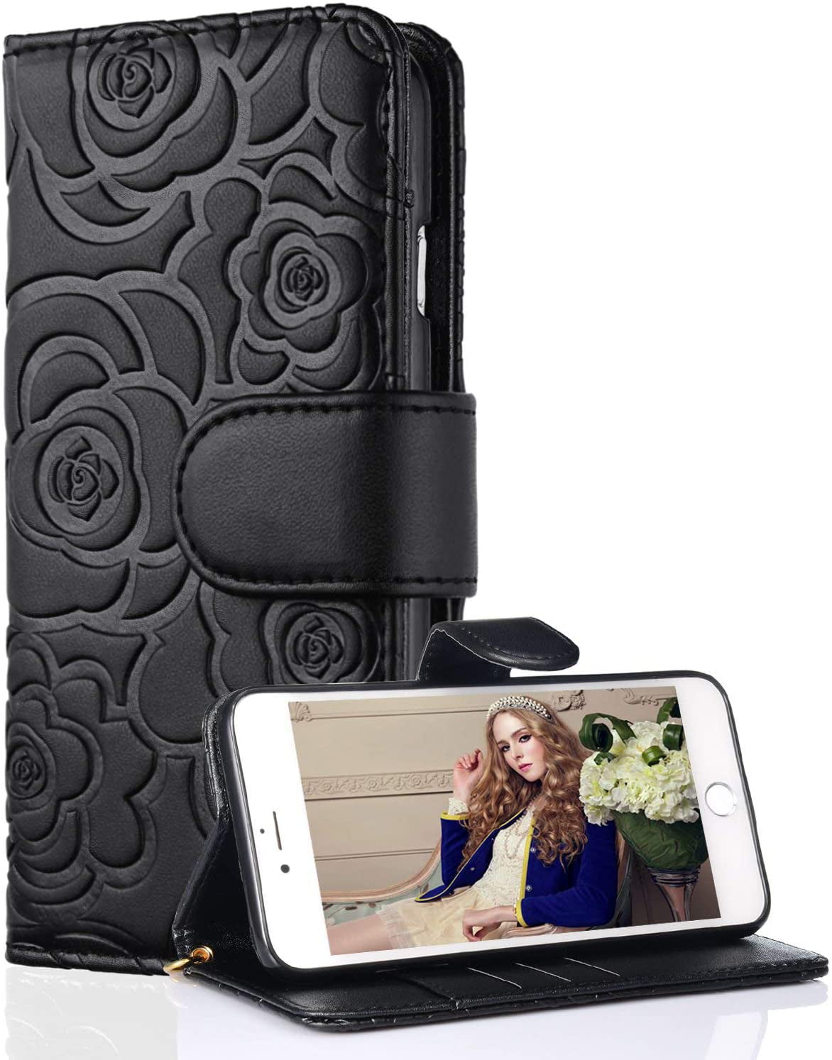 Case Compatible With Iphone 7 16 Iphone 8 17 Iphone Se 4 7 Inch Wallet Case For Women And Girls With Card Holder Premium Leather Embossed Flower Flip Case With Wrist Strap Black Walmart Com Walmart Com