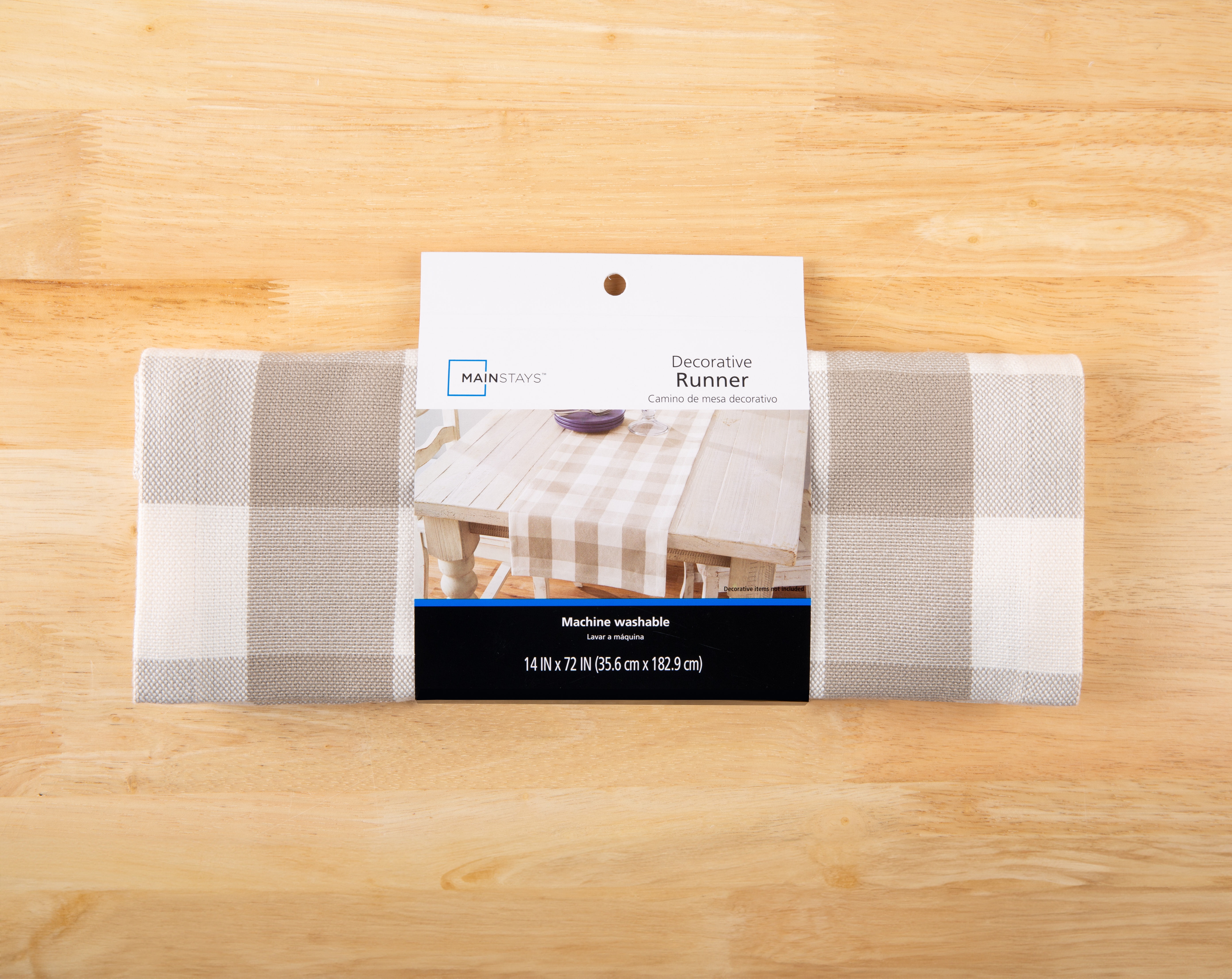 Mainstays Table Runner Beige Plaid, 14” x 72”, 100% Polyester
