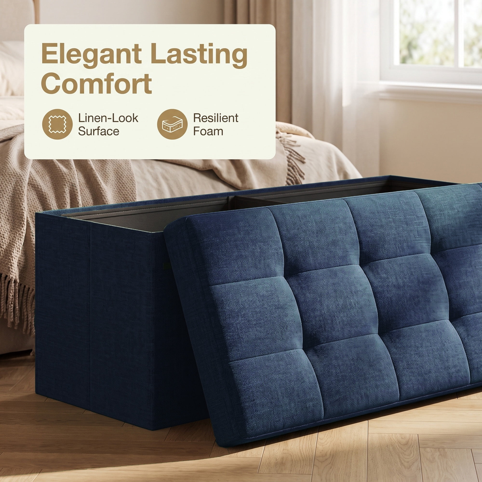 Ledrem Large Foldable Storage Ottoman Bench, 660lb Capacity, Footrest, Midnight Blue