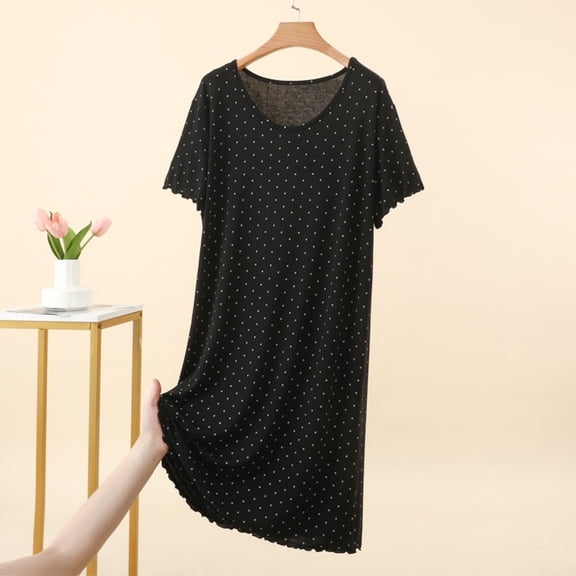 Women's Short Sleeve Nightgown Crew Neck Ruffle Cuff Polka Soft Comfortable Loose Midi Breathable Cute Loungewear Dress Black XXL